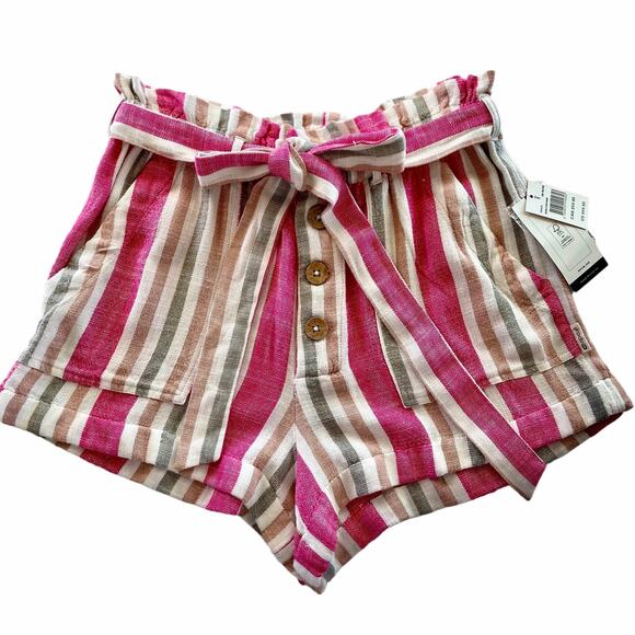 Rip Curl Pink Tan Striped Paper Bag Waist High Rise Shorts SM Summer Casual Boho - Picture 3 of 9